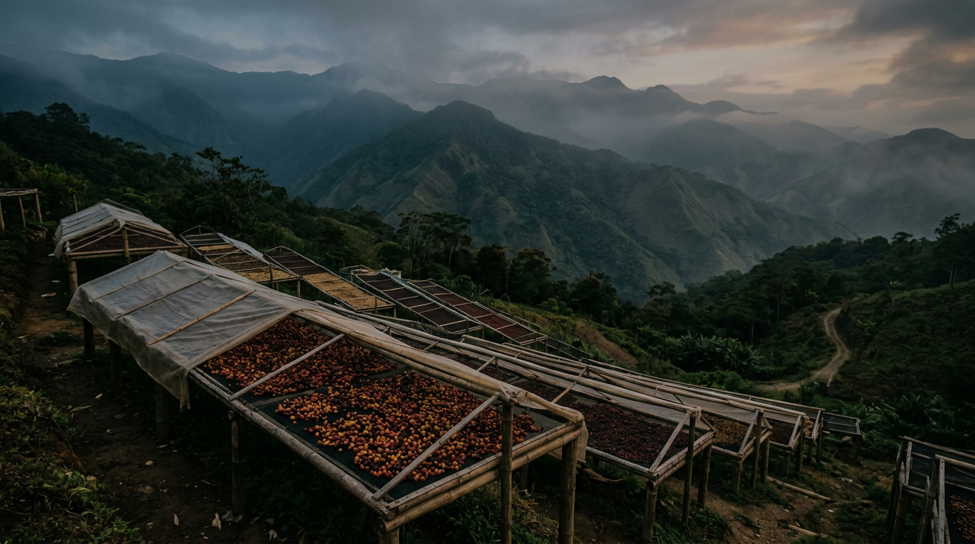 Coffee cherries drying on raised beds under shade cloth at Hacienda Santa Gertrudis, with Andean ridges behind